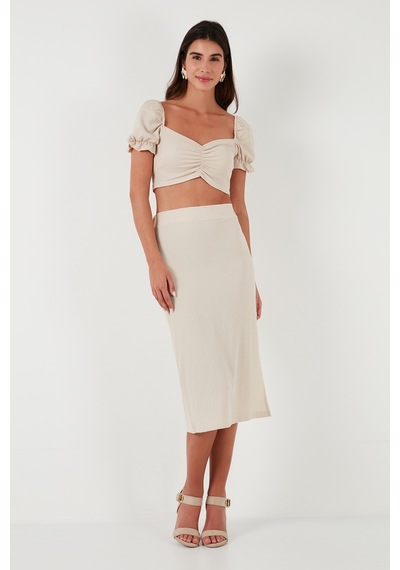 Lela Slim Fit Büzgü Detaylı Kalp Yaka Crop Bayan Bluz 5865601 Taş