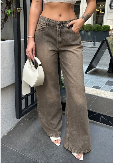 Kene Jeans Kadın Kahve Tintli Yüksek Bel Bol Paça Kot Pantolon Kahverengi