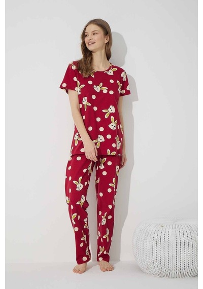 Siyah İnci Pamuklu Likralı Pijama Takım 7624 Bordo