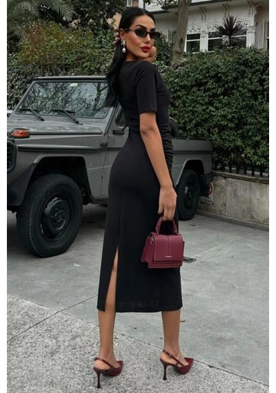 Butik İstanbul Beli Büzgülü Midi Elbise 2853 Si Yah