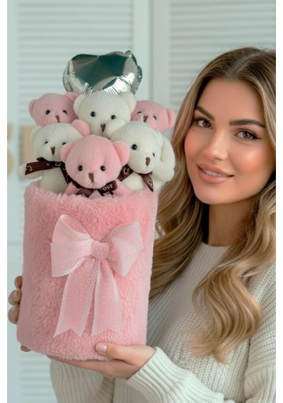 Deluxe Peluş Silindir Kutusuda, Kalpli Balonlu 6 Lı Pembe Ayıcık Buketi - Sevdiğine Hediye
