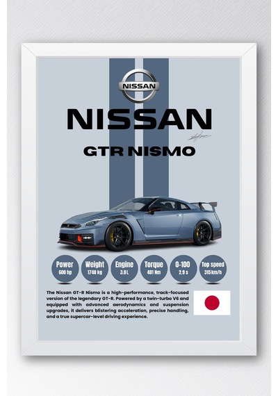 Nissan Gt-r Nismo Premium Spor Araba Çerçeveli Tablo - Teknik Özellikli Jdm Duvar Dekoru Beyaz