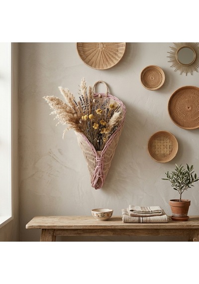 Handanrattan Pembe Kenarlı Külah Rattan Çiçek Buketi Sepeti 42x24x15 Cm Buket