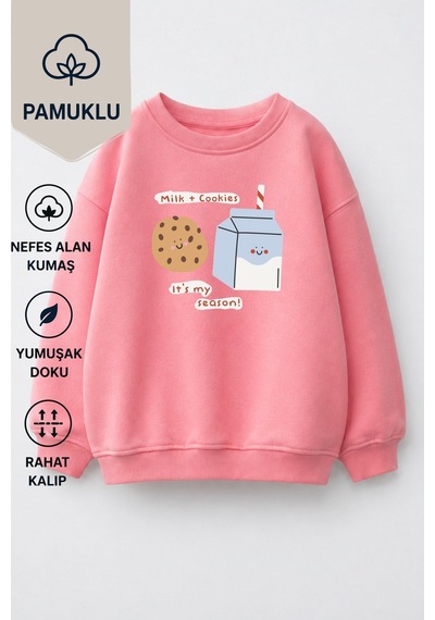 Monila Kız Çocuk 3 İplik Kumaş Pamuklu Baskılı Sweatshirt Pembe