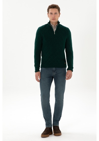 U.S. Polo Assn. Erkek Regular Fit Yarım Fermuarlı Desenli Koyu Yeşil Kazak 50315035-VR079