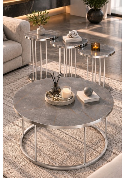 Sulorahome Gordion Griye Gümüş Metal Ayaklı 4'lü Sehpa Seti Açık Gri
