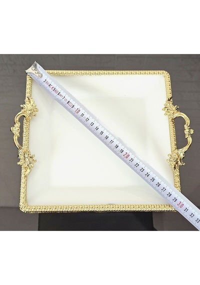 Porselen Küçük Sade Kare Servis Tabağı-sunumluk Döküm Gold Çerçeve Ve Ayaklı 22cm Beyaz