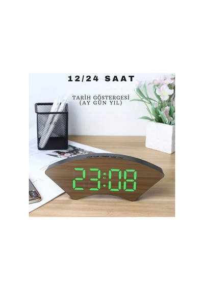 Dekoratif Masaüstü Dijital Saat Kavisli Sıcaklık Tarih Ölçen Şık Usb Aynalı Led Işıklı Alarmlı Saat Siyah