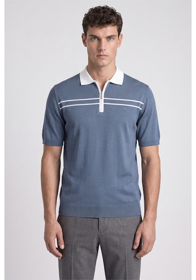 Sabri Özel Mavi Regular Fit Fermuarlı Polo Yaka Örme Triko T-shirt