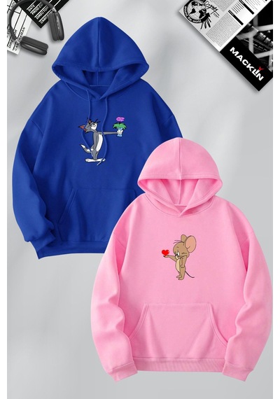 Macklin Sevgili Çift Kombin Çiçekli Tom Ve Jerry Baskılı Özel Tasarım Kapüşonlu Sweatshirt 2li Set Takım Mavi Pembe Mck1187 Çok Renkli