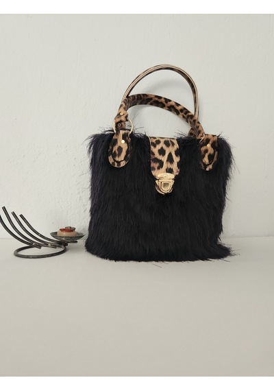 Fikriharika Design Leopar Detaylı, Siyah Tüylü, Kadın El Çantası Siyah