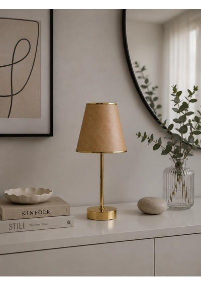 Gold Kumaş Kaplama Başlık Gold İnce Şık Metal Ayaklı Modern Abajur
