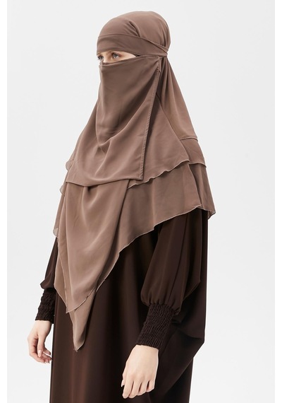 Altobeh Hazır Pratik Şifon Üç Katlı Peçeli Üçgen Hac Umre Şalı Sufle Hijab Nikap Koyu Vizon