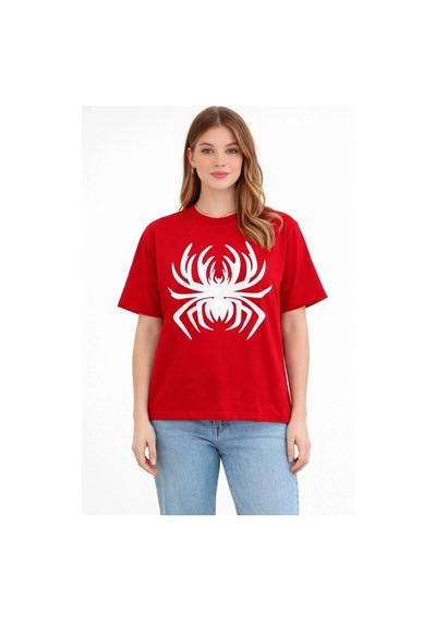 Freedom Store Kadın Örümcek Baskılı Tişört Kısa Kollu Bisiklet Yaka T-shirt - Kırmızı