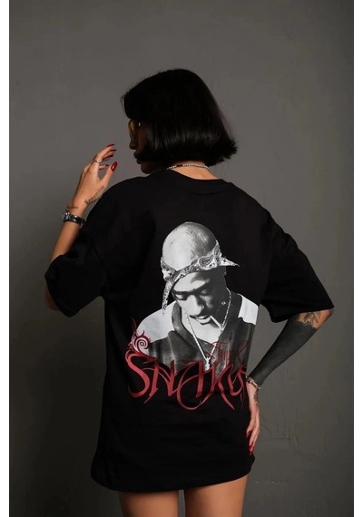 Assema Kadın Baskılı T-shirt Oversize Kısa Kol Bisiklet Yaka Tişort- Siyah Çok Renkli
