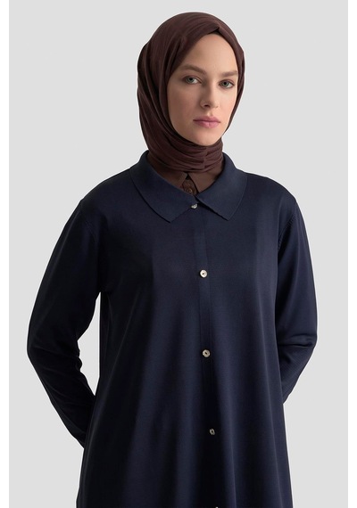 Armine Trend Düğme Detaylı Gömlek Yaka Triko Tunik Lacivert 25ytd4115 Lacivert