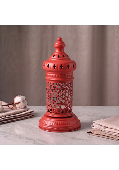 Beyaz Geometrik Metal Fener Selçuklu Yıldızı Çay Feneği Tutucu Minimalist Fas Mum Dekorasyonu Kırmızı