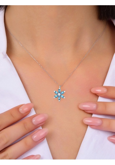 Brezza Lusso Jewelry 925 Ayar Lotus Çiçeği Aquamarin Taşlı Kadın Gümüş Kolye 45 CM