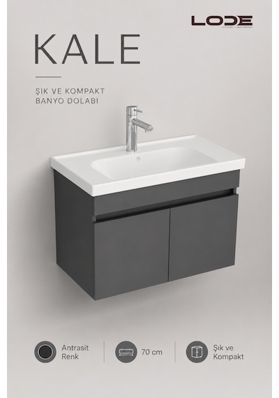 Lode Bath Kale Antrasit Demonte Lavabolu Alt Banyo Dolabı, Seramik Lavabo Dahil 80 Cm