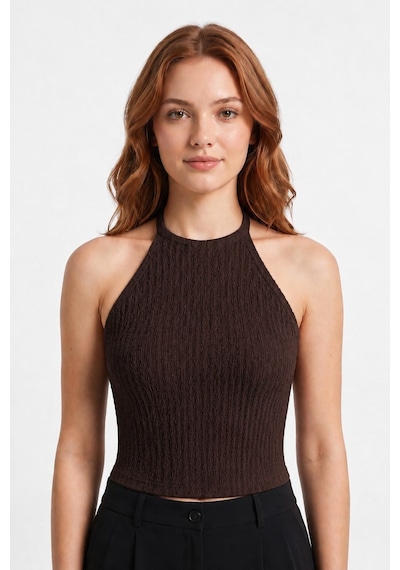 Cottonhıll Premium - Tide Collection Kahverengi Halter Yaka Boyundan Bağlamalı Bürümcük Dokulu Kadın Crop Bluz Cottonhıll Premium - Tide Collection Kahverengi Halter Yaka Boyundan Bağlamalı Bürümcük Dokulu Kadın Crop Bluz