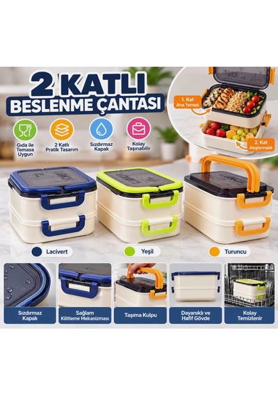 2 Katlı Beslenme Çantası Sızdırmaz Kapaklı, Taşıma Saplı, Pratik Yemek Saklama Kabı Açık Mavi