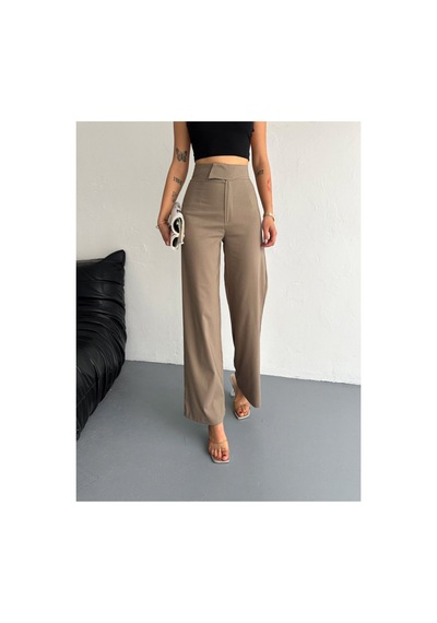 Gugus Kadın Cepsiz Dokuma Kumaş Pantolon Beli Cırtlı Bol Paça Wide Leg Model Vizon