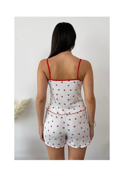 Giysa Kadın Askılı Kiraz Desenli Şortlu Pijama Takımı Beyaz - 3300