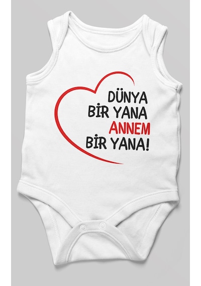 Morivokids Dünya Bir Yana Annem Bir Yana Sıfır Kollu Bebek Zıbını %100 Pamuk Beyaz