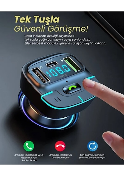 Araç Müzik Çalar Fm Transmitter F9 Bluetooth Araç Kiti Usb Type-c Hızlı Şarj Çıkışlı Çakmaklık Şarj