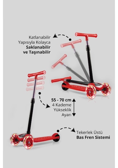 T212-K Katlanabilir Led Işıklı Scooter / 4 Kademe Ayarlanabilir Yükseklik Ayarı (55-70cm)/ Arka Fren