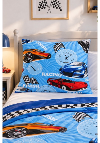 Kapitone Fermuarlı Yastık Alezi 50x70 Cm Pamuklu Yastık Koruyucu Kılıf Elyaf Dolgulu Mavi Araba