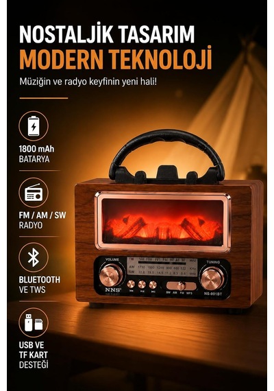 Retro Bluetooth Radyo 1800mah Fm/am/sw Usb Tf Kart Tws Ns-901bt