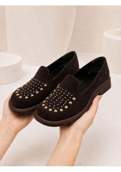 Dabab Shoes Monıca Kadın Acı Kahve Süet Taşlı Zımbalı Yuvarlak Burun 2 Cm Kalın Taban Loafer Ayakkabı Kahverengi