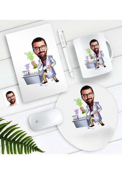 Kişiye Özel Bay Kimya Mühendisi Karikatürlü Defter Kalem Kupa Mouse Pad Seti-1