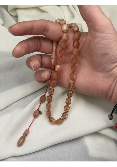 Ayhan Turan İmzalı El Boy Kapsül Somon Pembesi Sıkma Kehribar Tesbih 7x10 Mm Pembe