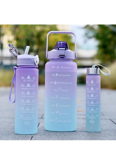 Motivasyonel 3lü Set Su Matarası Su Şişesi Suluk 2lt+900ml+300ml Tritan Spor Salonu Su Şişesi Suluk Çok Renkli