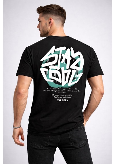 Herkesemoda Arka Stay Yazı Detaylı Basic T-shirt Siyah
