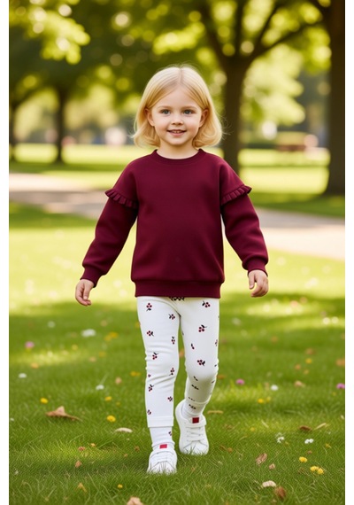 Ersefa Kız Çocuk Örme Sweatshirt Ve Tayt Seti Sevimli Baskılarla Günlük Bordo
