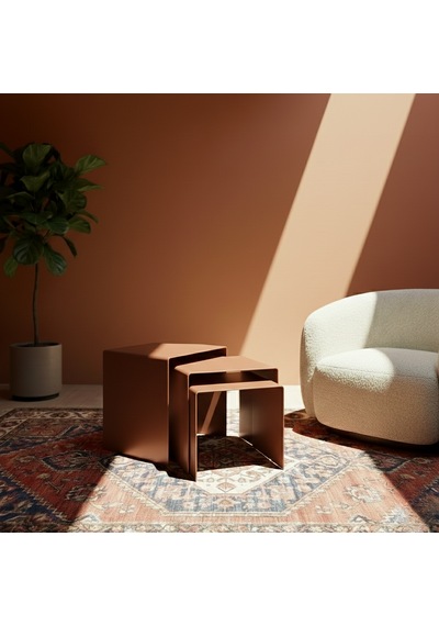Modern Metal Zigon Sehpa Seti Minimal Tasarım İç İçe Geçen Yan Sehpa 3 Lü Set Turuncu
