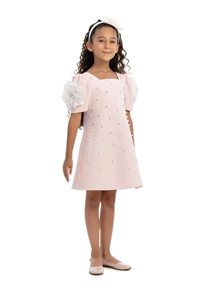 Pamina Kids Pamina Kız Çocuk Taç Tokalı İncili Elbise Pembe 36129