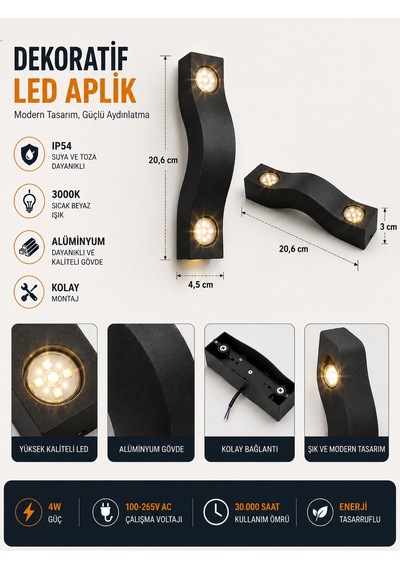 Ack Ah07-07501 Dekoratif Led Aplik 4w 3000k Siyah Alüminyum Sarı