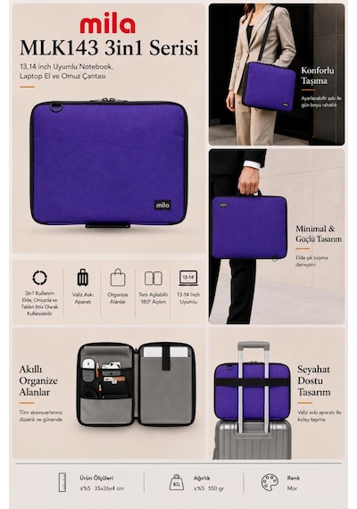 Mila 3in1 Serisi Mlk143 13,14 İnch Uyumlu Tablet, Laptop El Ve Omuz Çantası - Mor