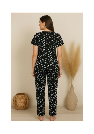 Fantezia Night Kadın Turuncu Kalp Desenli Fiyonklu Kısa Kollu Uzun Pijama Takımı Siyah