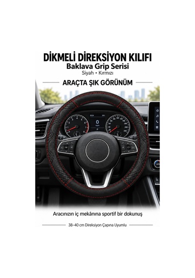 Trobus Volkswagen Golf 2020 Ve Sonrası Uyumlu Dikmeli Direksiyon Kılıfı Baklava Grip Siyah Kırmızı Siyah - Kırmızı
