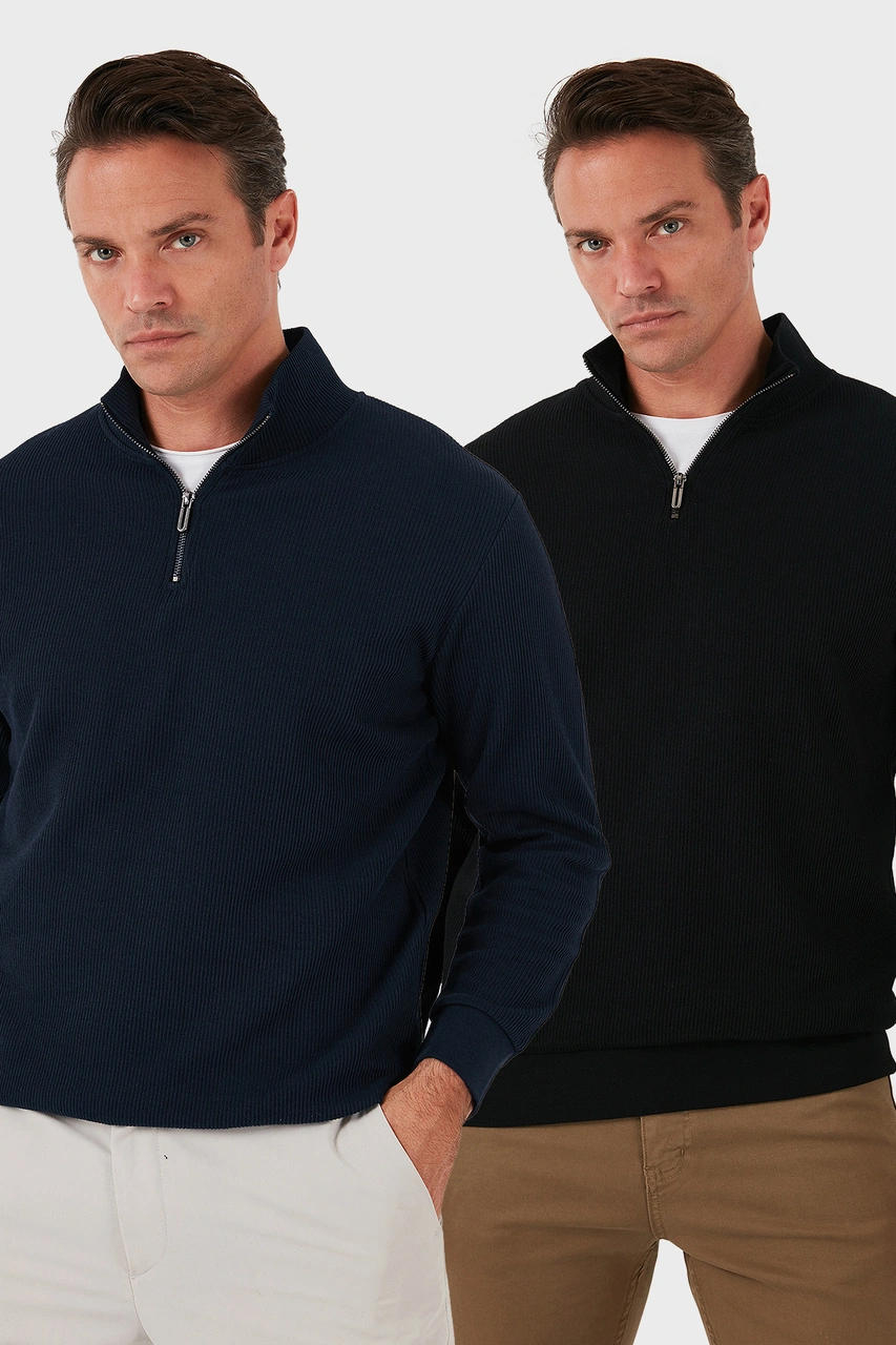 Buratti Pamuklu Regular Fit Yarım Fermuarlı Dik Yaka 2'Li Paket Erkek Sweat 5905716S2 Koyu Lacivert-Siyah