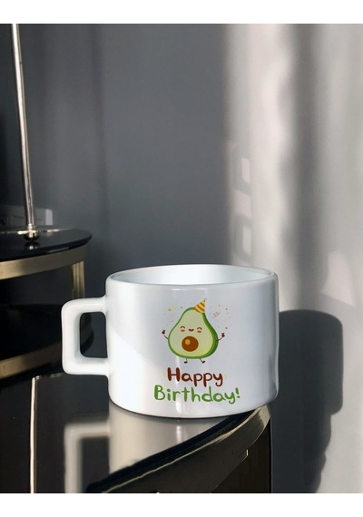 Küçük Happy Brithday Avokado Tasarımlı Çay Fincanı Beyaz