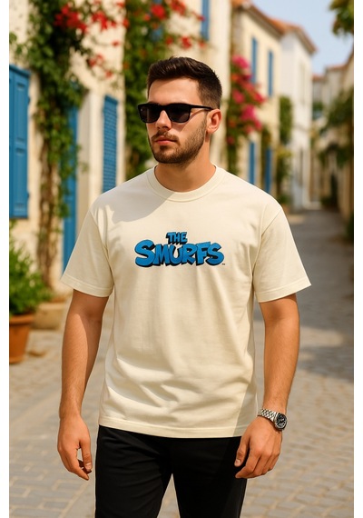 Ön Ve Arka Baskılı Oversize Bisiklet Yaka T-shirt- Beyaz Çok Renkli