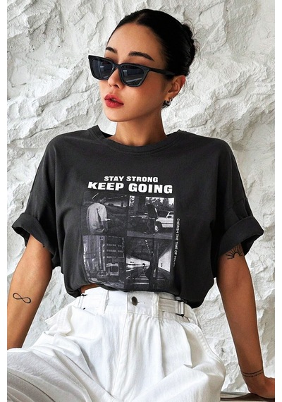 Unisex Keepgoing Baskılı Tasarım Tshirt Siyah