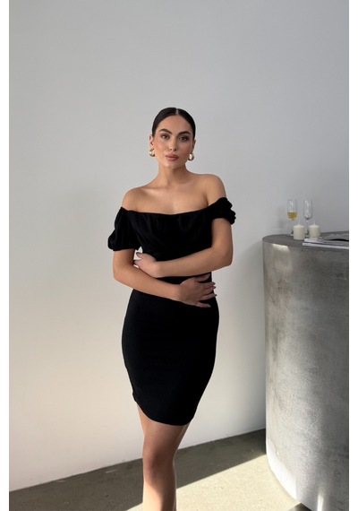 Msm Fashion Kadın Elbise Mini Yazlık Kısa Kollu Yaka Detaylı Esnek Bodycon Elbise Siyah