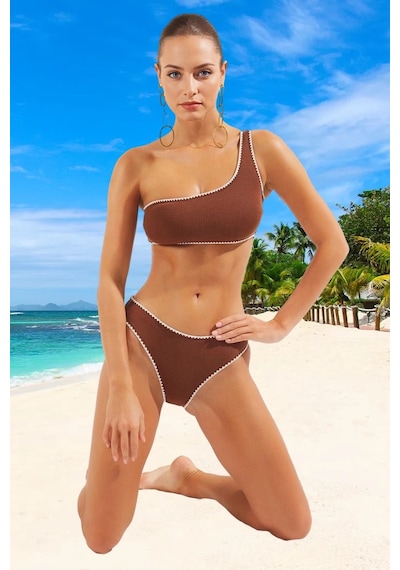 Ersefa Tasarım Bikini Takımı Uv Korumalı Yaz Koleksiyonu Şık Detaylı Öze Kahverengi